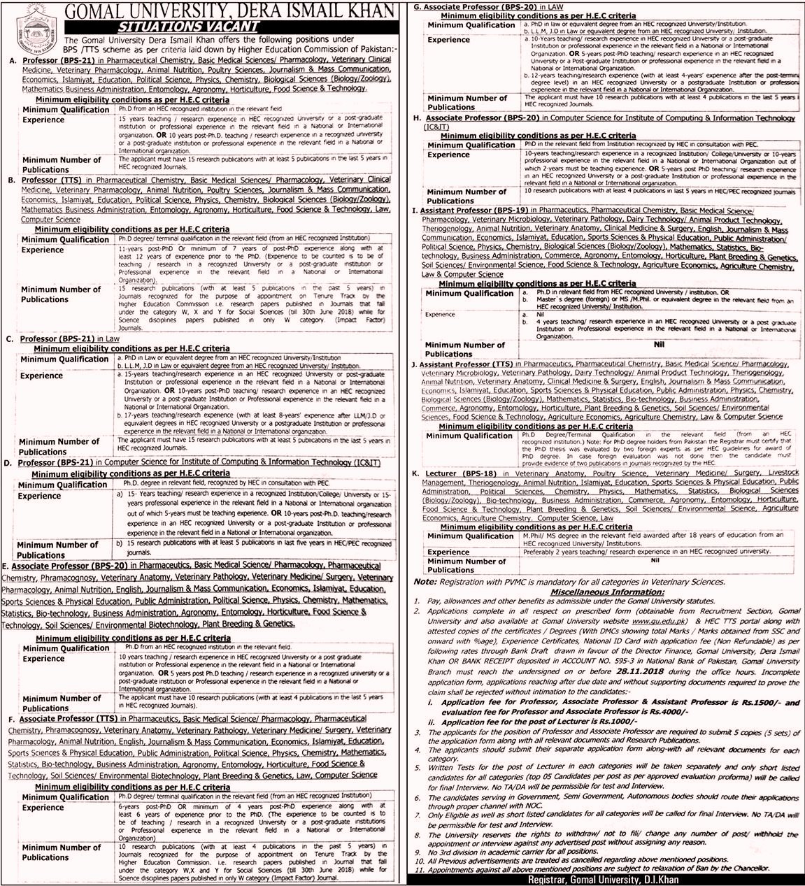 Gomal University DI Khan Jobs 2018 for Various Teaching Staff 15 November, 2018