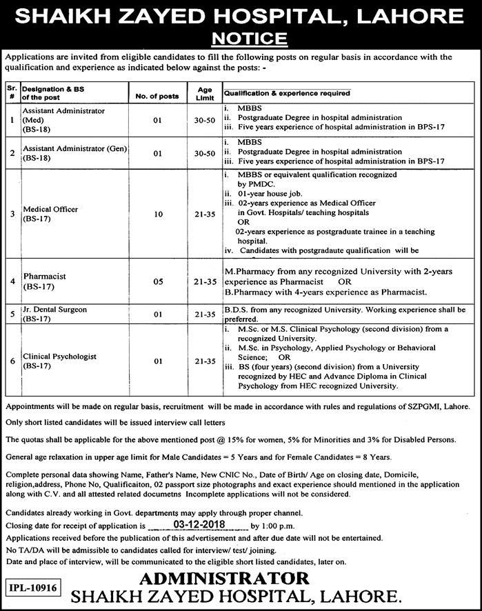 Shaikh Zayed Hospital Lahore Jobs 2018 for 19+ Administrators, Medical Officers, Pharmacists & Specialists 17 November, 2018