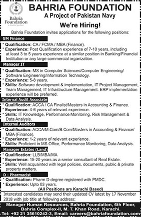 Jobs, In, Bahria, Foundation, Pakistan, Navy ,Project ,07 Nov 2018