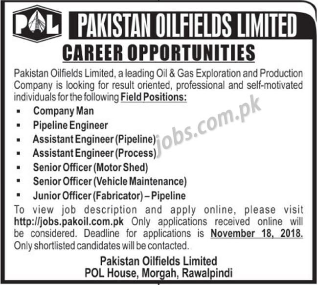 Pakistan Oilfields Ltd (POL) Jobs 2018 for Jr & Senior Officers, Engineers & Other Staff 12 November, 2018