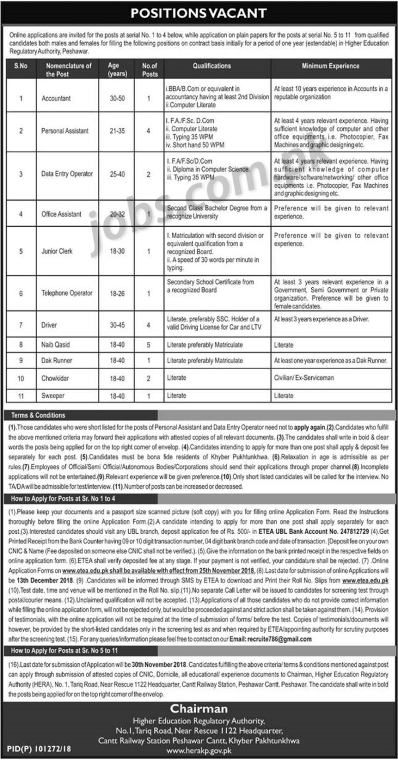 KP Higher Education Regulatory Authority Peshawar Jobs 2018 for 23+ Posts (Multiple Categories)