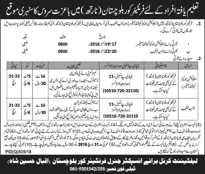 Frontier Corps (FC) Jobs 2018 for Education Junior Commissioned Officer and Naib Khatib 16 November, 2018