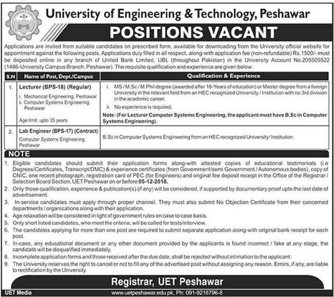 UET Peshawar Jobs 2018 for Lab Engineer & Teaching Faculty 17 November, 2018
