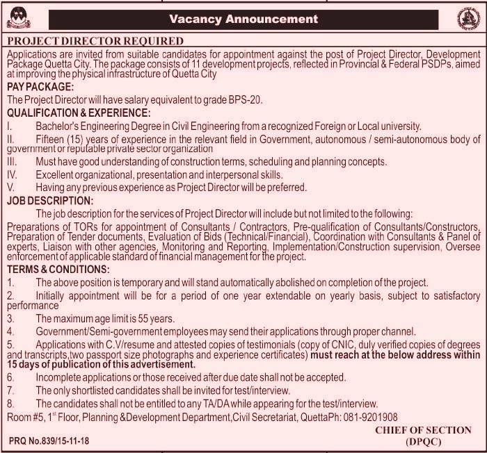 Balochistan Planning & Development Department Jobs 2018 for Project Director 17 November, 2018
