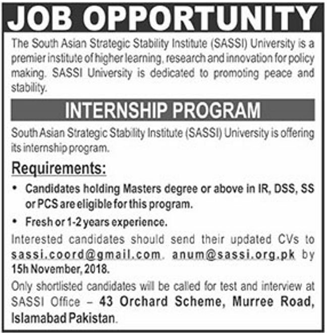 South Asian Strategic Stability Institute (SASSI) University Internship Program 2019 12 November, 2018