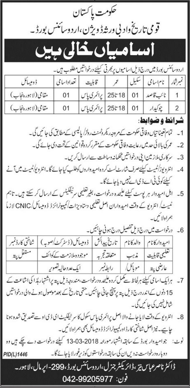 National History & Literary Heritage Division Pakistan Jobs 2018 for Naib Qasid & Security Guards