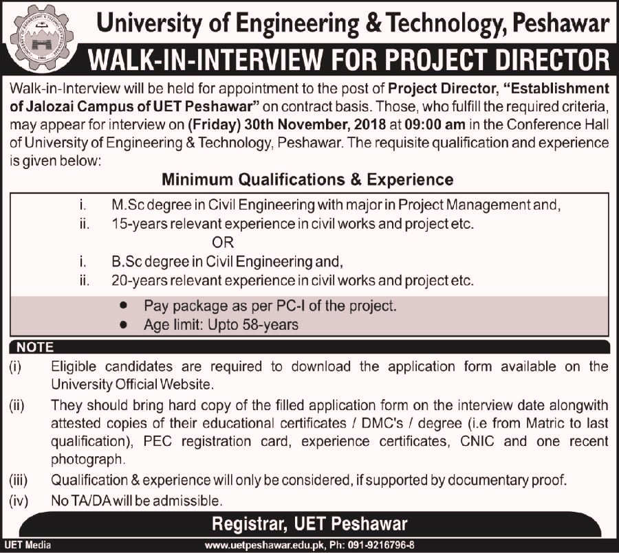 UET Peshawar Jobs 2018 for Project Director (Walk-in Interview) 15 November, 2018