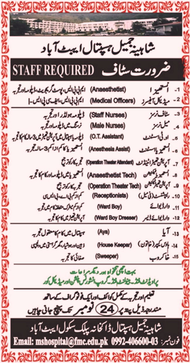 Shaheena Jamil Hospital Abbottabad Jobs 2018 for Various Staff Positions 17 November, 2018