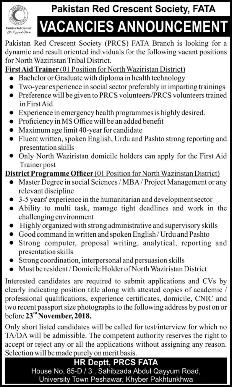 Pakistan Red Crescent Society (PRCS) Jobs 2018 for First Aid Trainer & District Program Officer 17 November, 2018