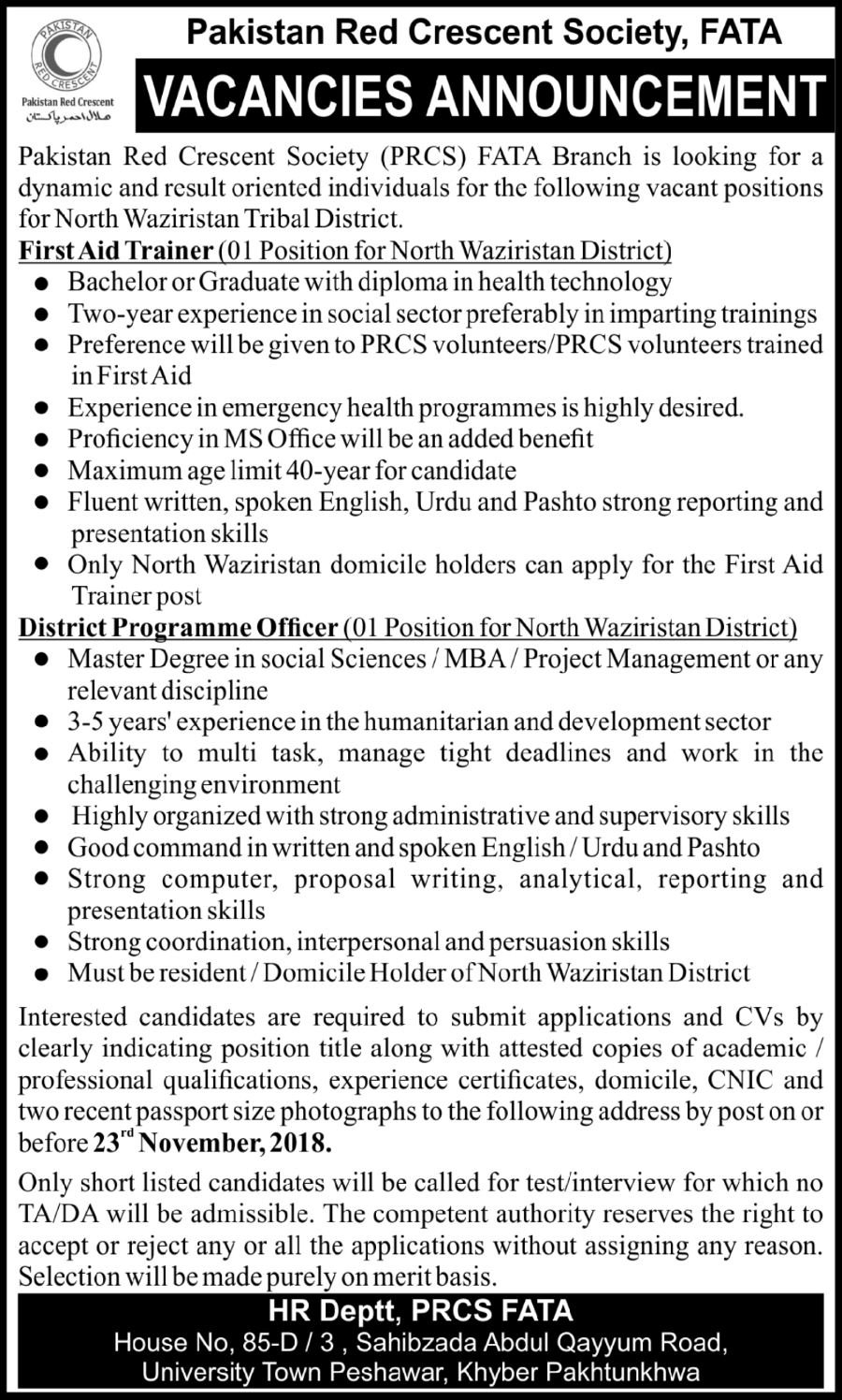 Pakistan Red Crescent Society (PRCS) Jobs 2018 for First Aid Trainer & District Program Officer 17 November, 2018
