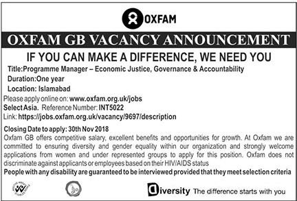 OXFAM GB Pakistan Jobs 2018 for Program Manager in Islamabad 12 November, 2018