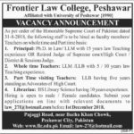 Frontier Law College Peshawar Jobs 2018 for Librarian, Principal & Teachers 16 November, 2018