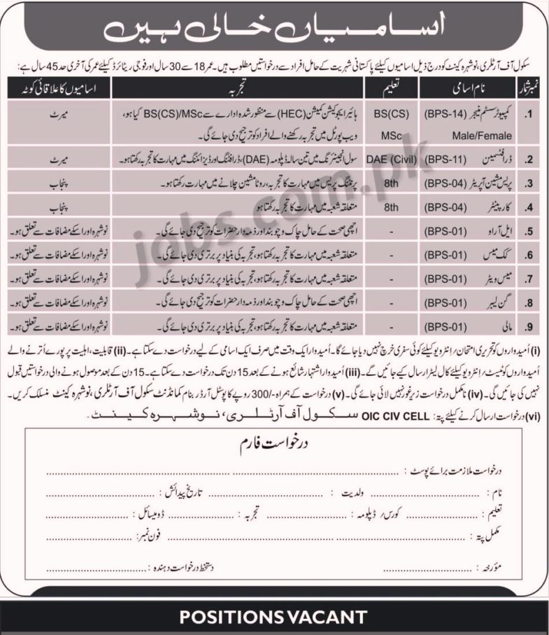 Pak Army Jobs 2018 for 9+ IT, Drafstman, Machine Operator, Skilled & Support Staff at School of Artillery Nowshera 15 November, 2018