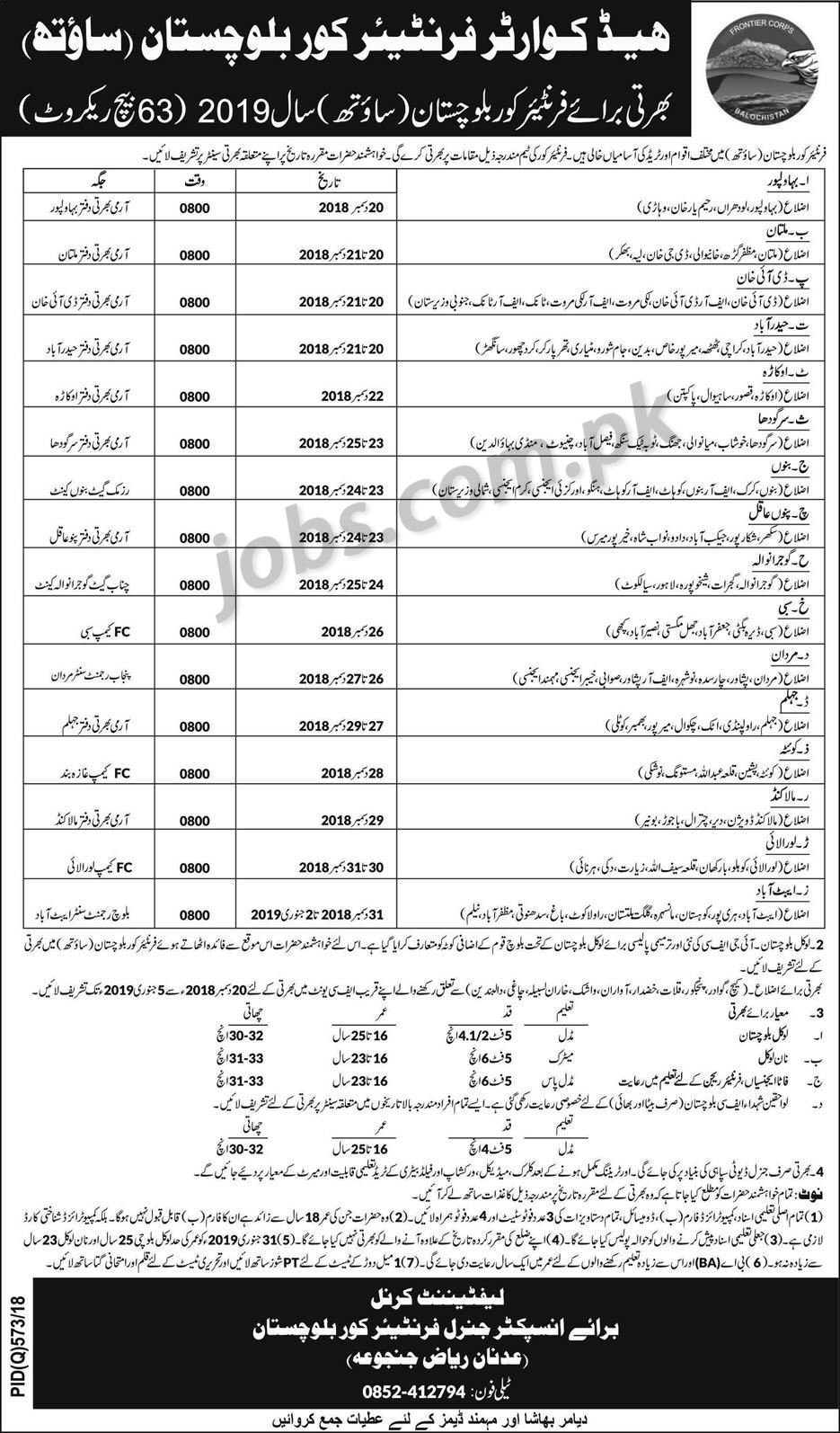 Join FC Balochistan 2019 in Various Categories (63rd Batch) (All Pakistan)