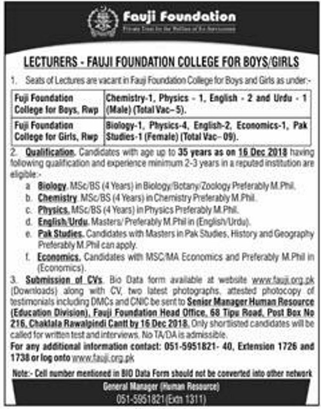 Fauji Foundation Jobs 2019 for Teaching Faculty at FF College Rawalpindi