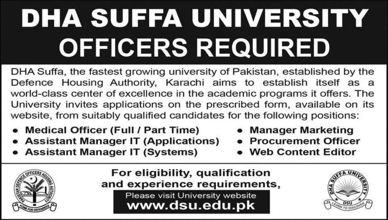 DHA Suffa University Jobs 2019 for IT, Procurement, Medical and Marketing Posts
