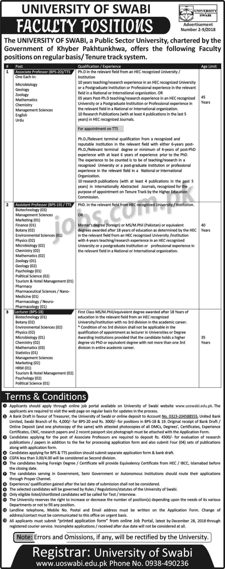 University of Swabi Jobs 2019 for 60+ Teaching Faculty Posts (Multiple Depatments)