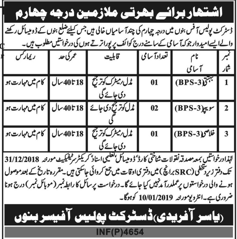 Bannu District Police Office Jobs 2019 for Bahishti, Sweeper and Khulasi