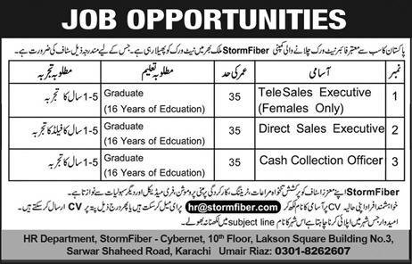 Stormfiber Telecom Jobs 2019 for Telesales Executives, Sales Executives and Cash College Officers