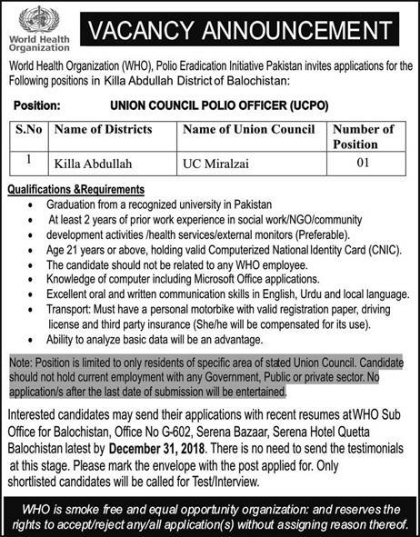 World Health Organization (WHO) Jobs 2019 for UC Polio Officers (Balochistan)