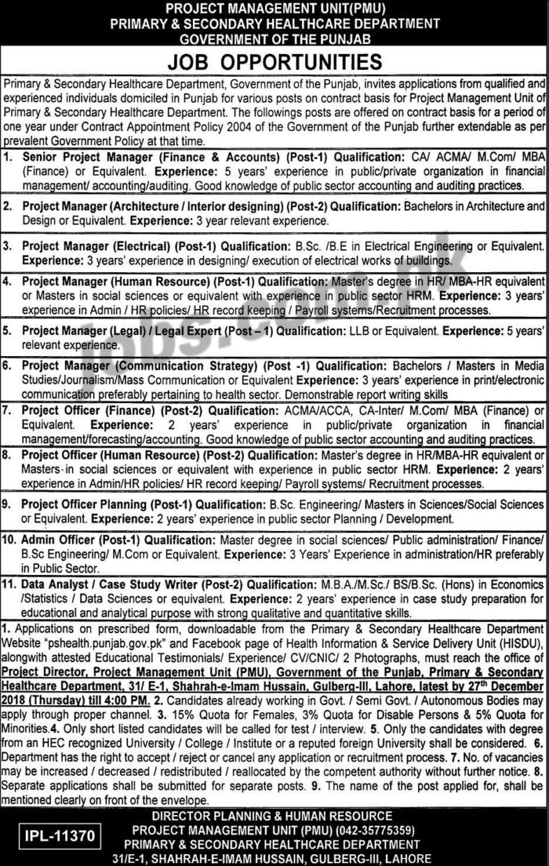 Punjab PS Healthcare Department Jobs 2019 for 15+ IT, Admin, HR, Engineering, Legal & Management Posts