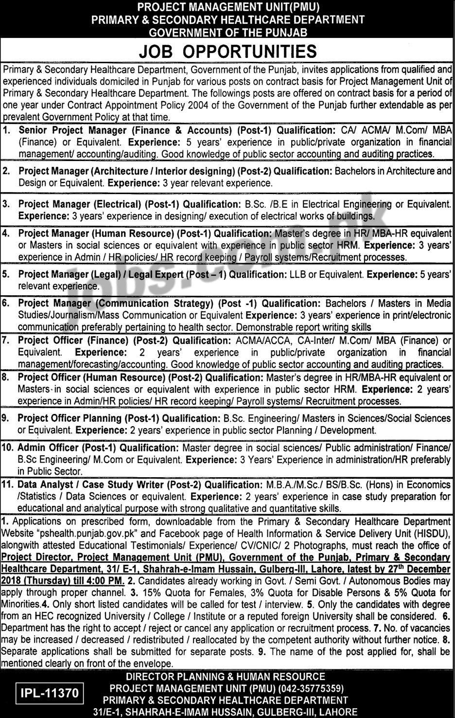 Punjab PS Healthcare Department Jobs 2019 for 15+ IT, Admin, HR, Engineering, Legal & Management Posts