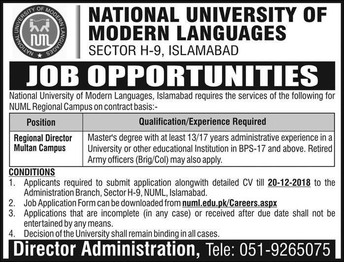 NUML Jobs 2019 for Regional Director (Multan Campus)