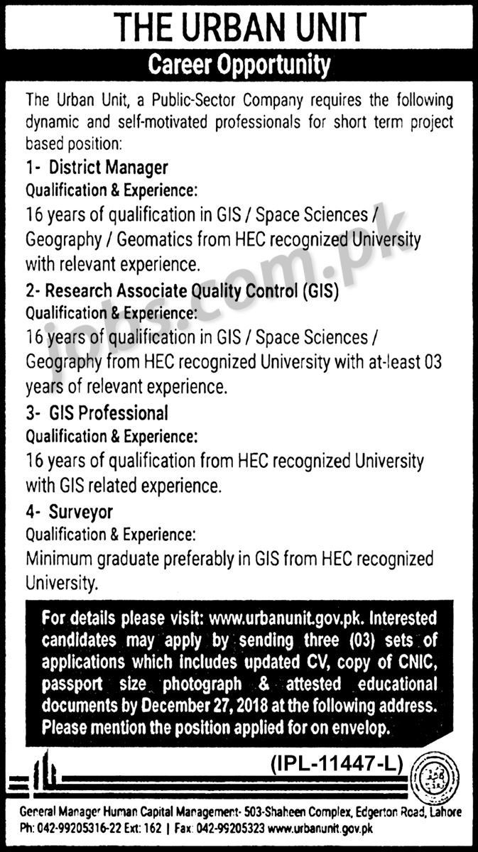 The Urban Unit Jobs 2019 for GIS, Surveyor, Research Associate & District Manager Posts