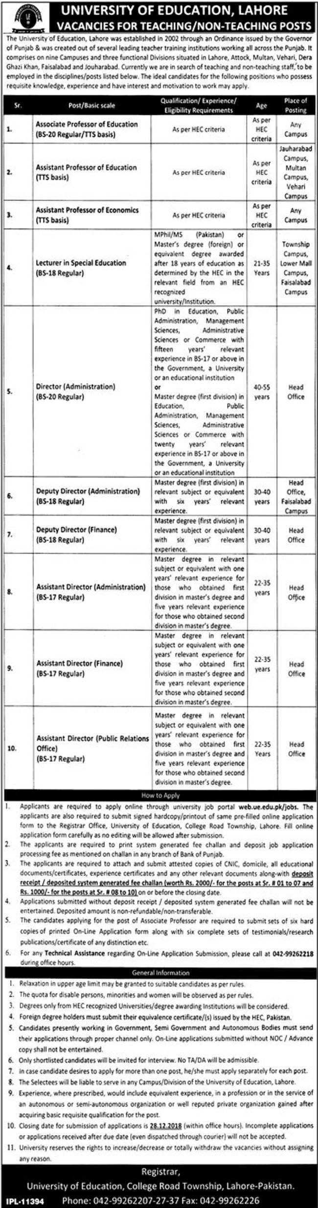 University of Education Lahore Jobs 2019 for Various Teaching & Non-Teaching Staff