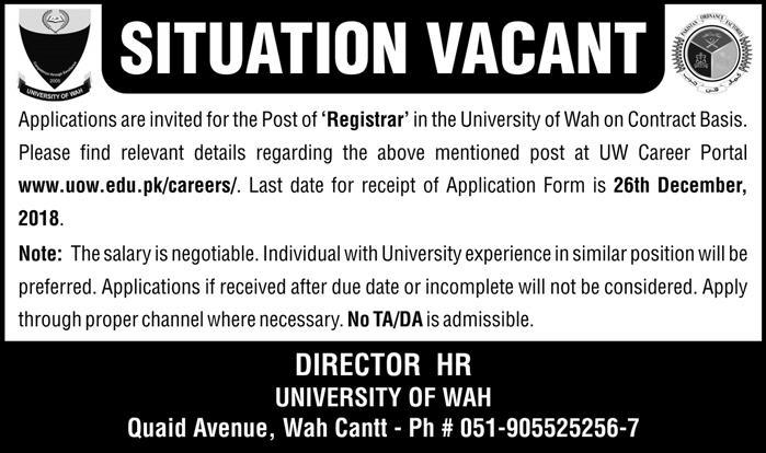 University of Wah Jobs 2019 for Registrar Post