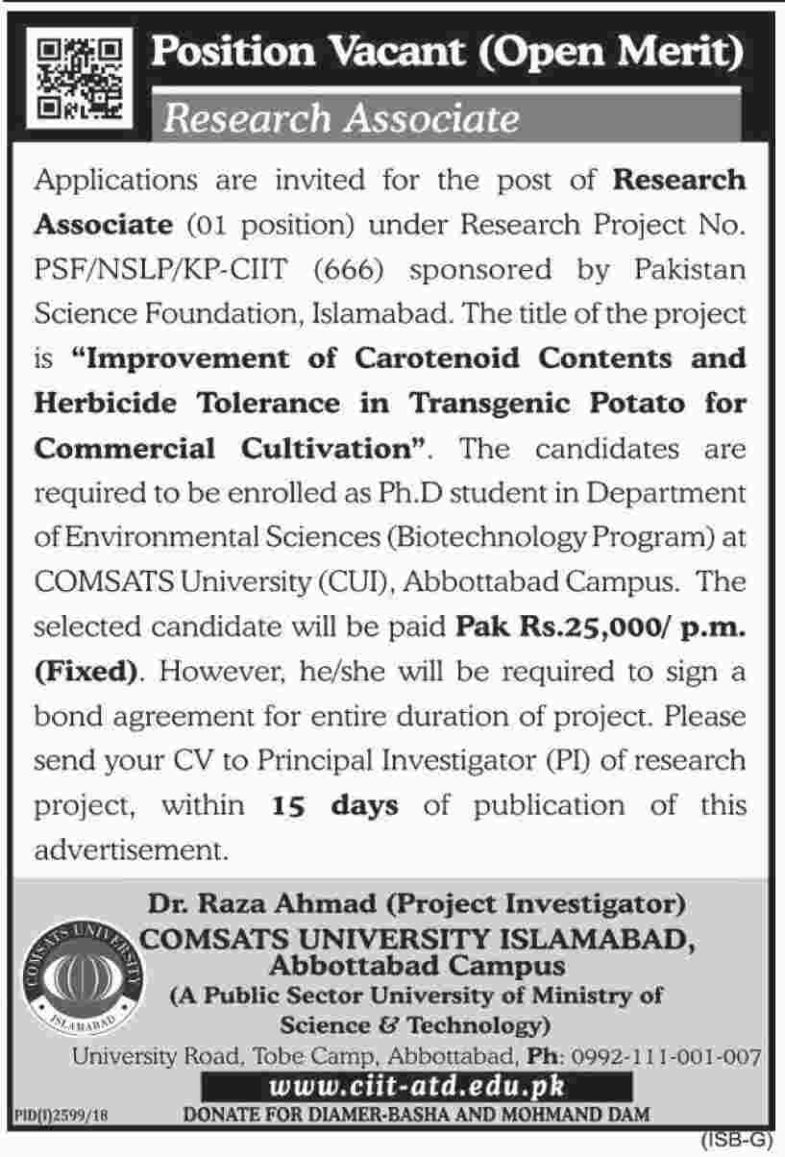 Comsats University Jobs 2019 for Research Associate