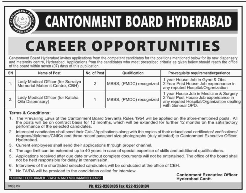 Cantonment Board Hyderabad Jobs 2019 for Lady Medical Officers