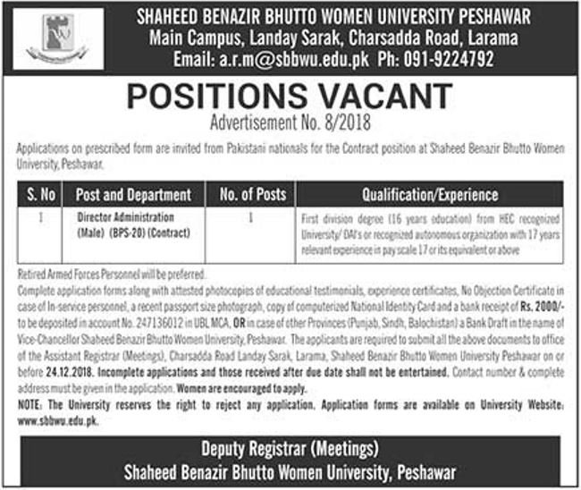 Shaheed Benazir Bhutto Women University Peshawar Jobs 2019 for Director Administration