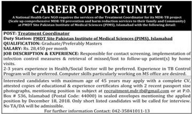 National Healthcare NGO Islamabad Jobs 2019 for Treatment Coordinator