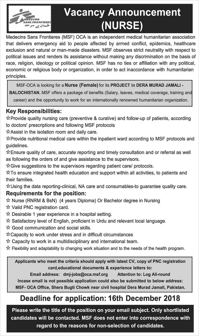 MSF NGO Jobs 2019 for Nurses