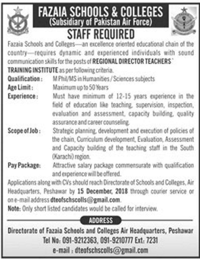 Fazaia Schools / Colleges Peshawar Jobs 2019 for Regional Director Teachers