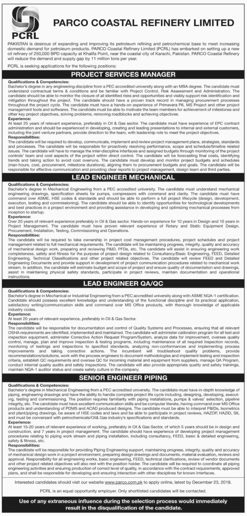 PARCO Coastal Refinery Ltd (PCRL) Jobs 2019 for Engineering & Project Services Manager