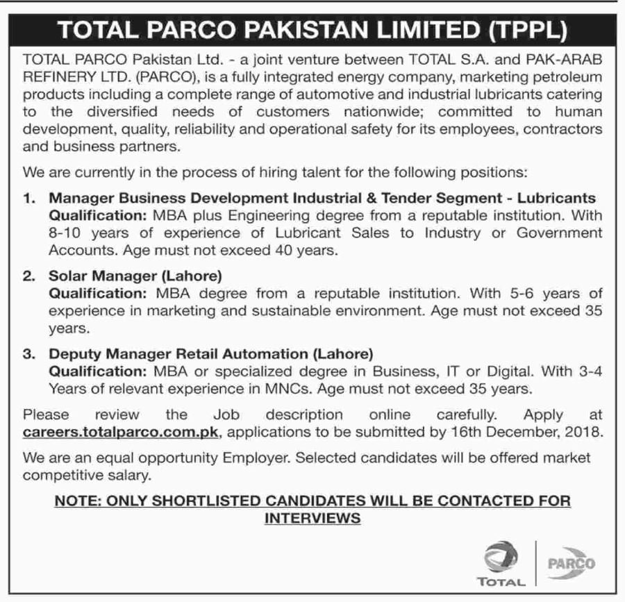 Total PARCO Pakistan Ltd (TPPL) Jobs 2019 for Engineering / MBA Posts