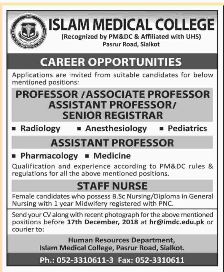 Islam Medical College (Sialkot) Jobs 2019 for Staff Nurses & Teaching Faculty