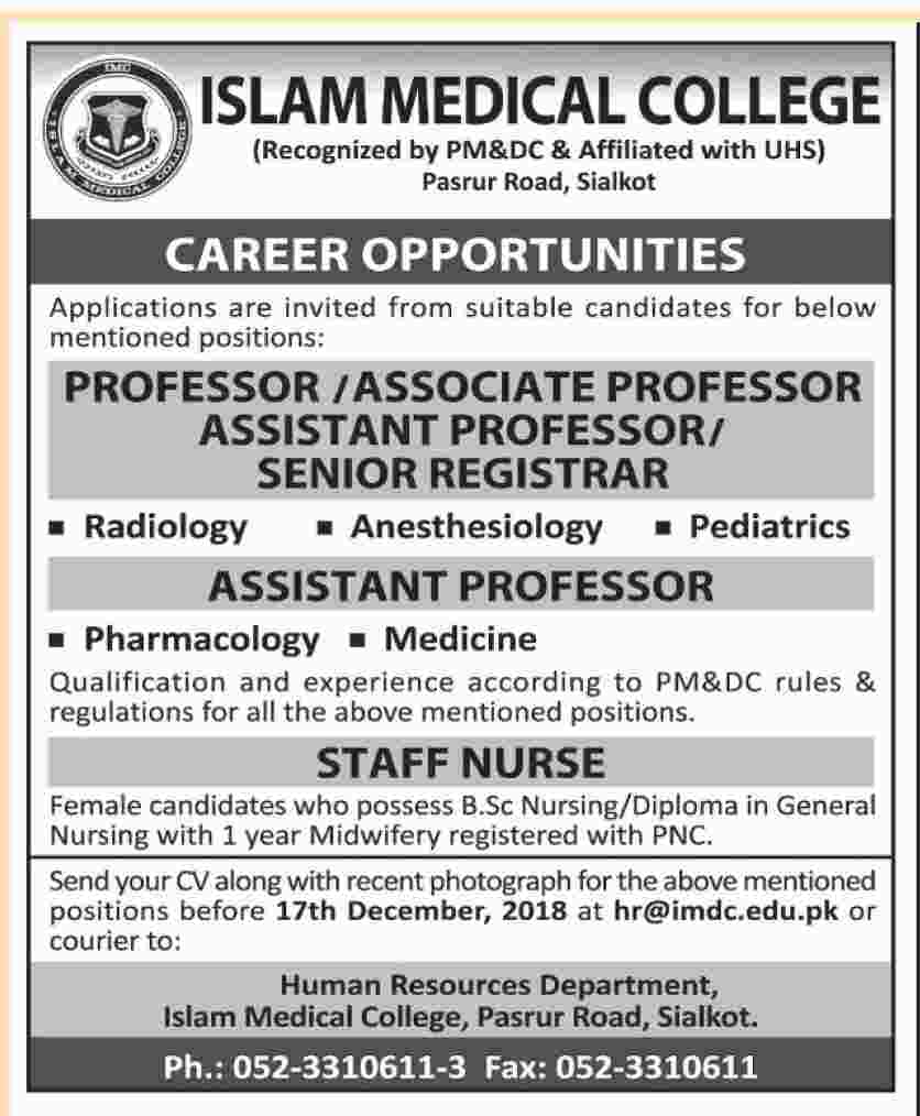 Islam Medical College (Sialkot) Jobs 2019 for Staff Nurses & Teaching Faculty