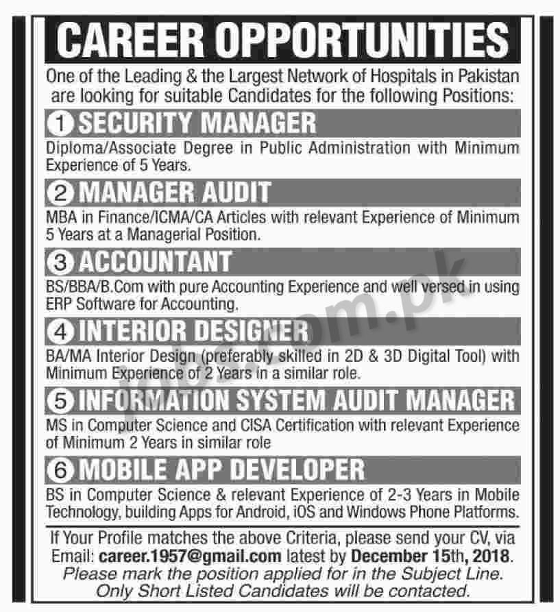 Largest Hospitals Network Jobs 2019 for IT, Audit, Security Manager, Interior Designer and Mobile App Developer