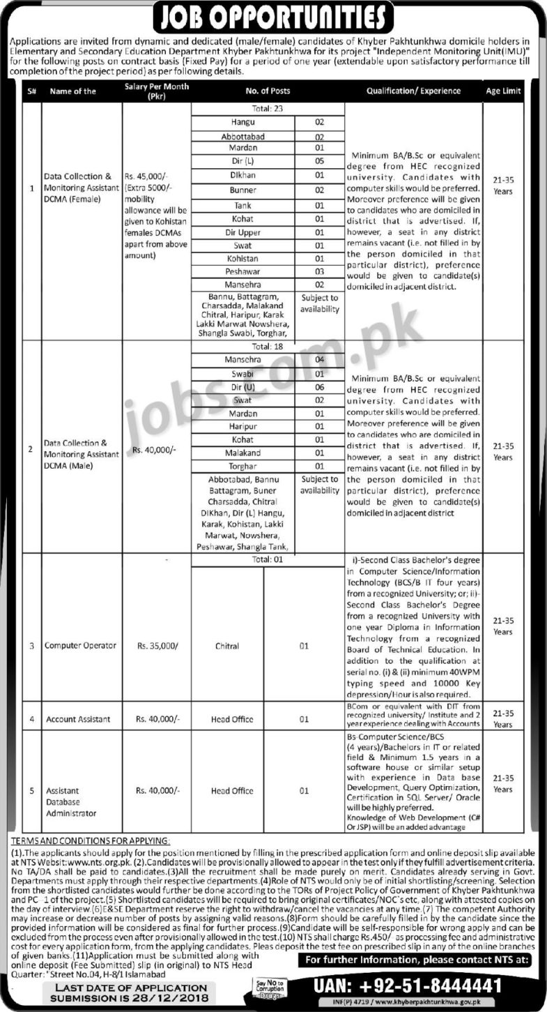 KP Education Department Jobs 2019 for 44+ IT, Accounts, Data Collection & Monitoring Assistants (Download NTS Form)