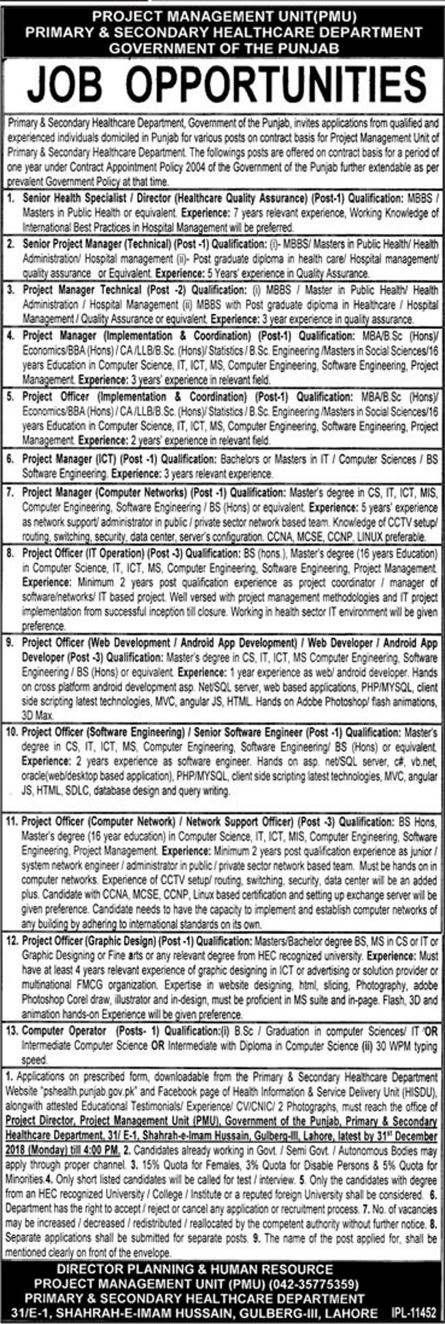 PS Healthcare Department Punjab Jobs 2019 for 20+ IT, Admin, Medical & Other Staff