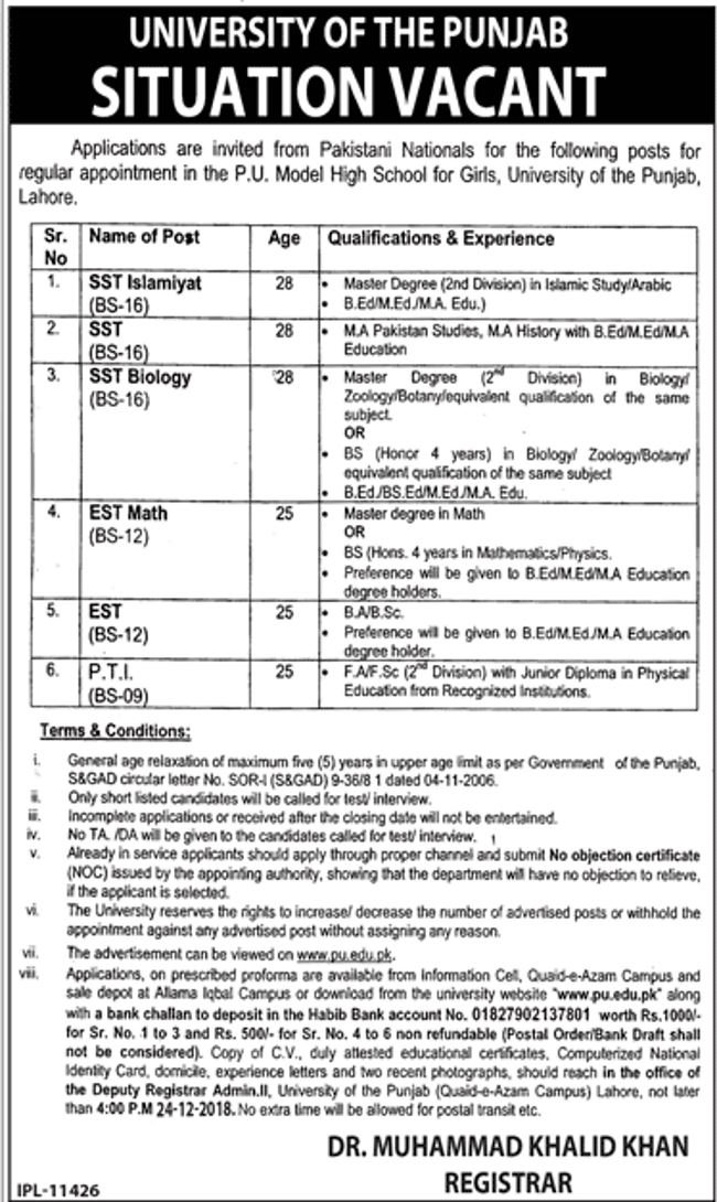 University of Punjab Jobs 2019 for School Teaching Staff / EST / SST and PTI Posts