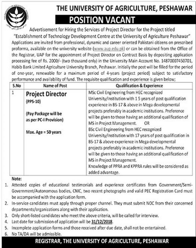 University of Agriculture Peshawar Jobs 2019 for Project Director