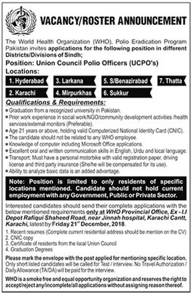 WHO Pakistan Jobs 2019 for UC Polio Officers in Various Cities (Sindh)