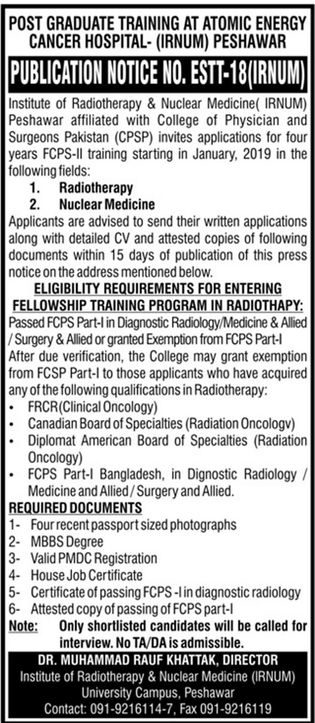 IRNUM Institute Peshawar FCPS-II Training Program 2019