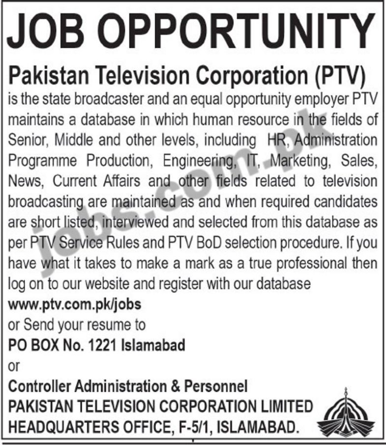 PTV Jobs 2019 for 100+ Vacancies in IT, HR, Admin, Engineering, Sales/Marketing, Media & Other Categories