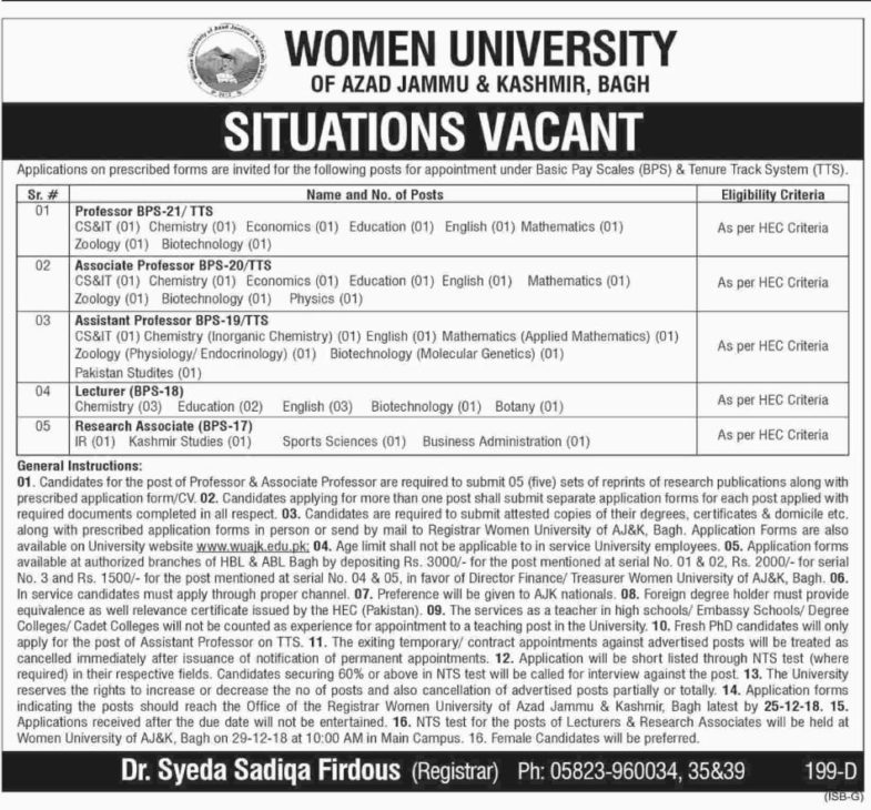 Women University AJK Jobs 2019 for Research & Teaching Faculty