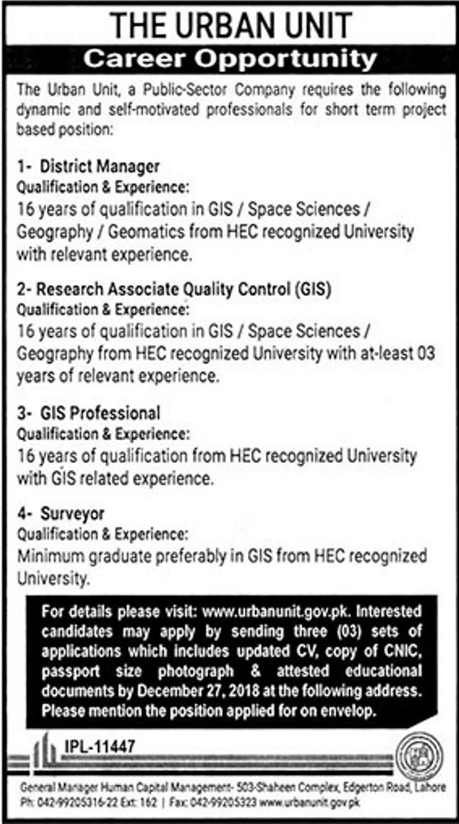 The Urban Unit Punjab Jobs 2019 for GIS, Surveyor, Research and Management